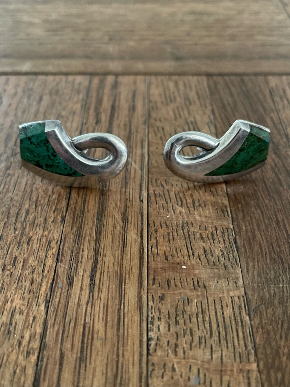 Vintage Signed Enrique Ledesma Taxco 925 Silver Chrysocolla Modernist Earrings